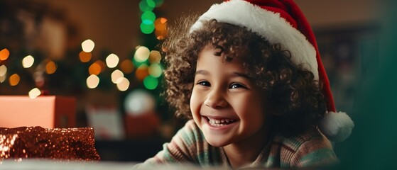 Happy smiling African American child having fun in living room on Christmas day - obrazy, fototapety, plakaty