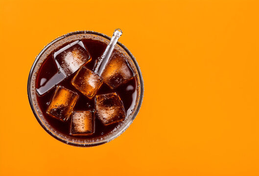 Cola in glass cup with ice cubes, top view