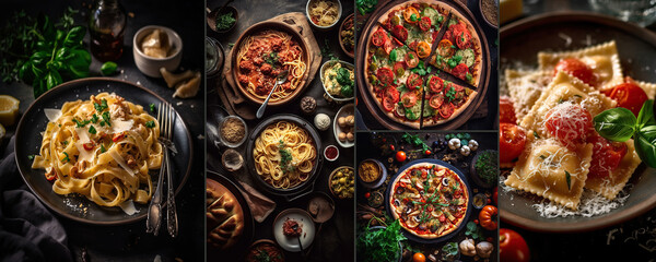 Fondo o diseño de mesa completa de comidas italianas en platos Pizza, ravioli, carpaccio. ensalada caprese y bruschetta de tomate sobre fondo negro.