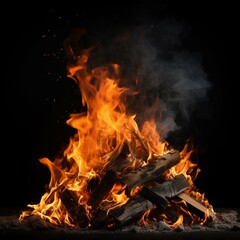 Burning firewood on a black background. Close-up.