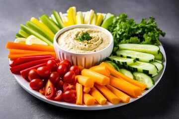 Crop shot of plate with colorful healthy sliced vegetables.