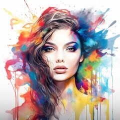 Portrait of beautiful young woman with colorful paint splashes on her face.