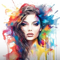 Portrait of beautiful young woman with colorful paint splashes on her face. © Samira