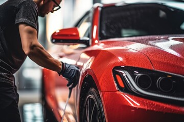 A person polishing a shiny red sports car in a auto repair shop
