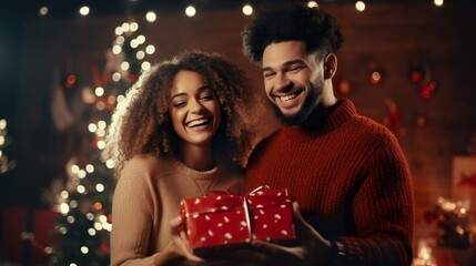 Obraz na płótnie Canvas Smiling cute African American man and woman couple holding red gift box in living room for Christmas
