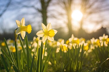 Obraz premium Daffodils in spring backlit by sun.