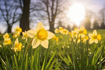 Obraz premium Daffodils in spring backlit by sun.