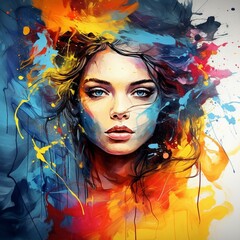 Portrait of beautiful young woman with colorful paint splashes on her face.