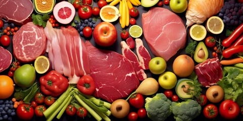Different types of meats, vegetables, and fruits lay in supermarkets.