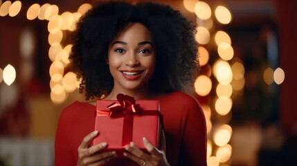 Fototapeta na wymiar Smiling cute African American girl holding a red gift box in the living room for Christmas