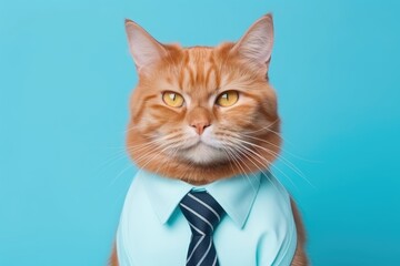 A stylish orange cat dressed in a fashionable blue shirt and tie