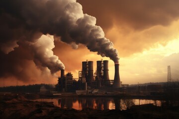 Industrial pollution in the form of smoke emitting from factory chimneys