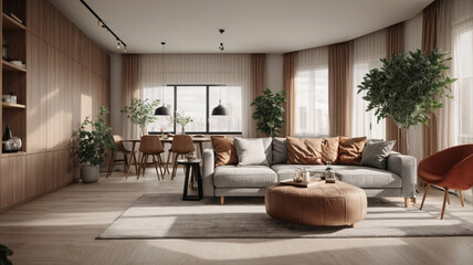 Obraz na płótnie Canvas Interior of modern living room with wooden walls, wooden floor, comfortable brown sofa and coffee table. 3d rendering