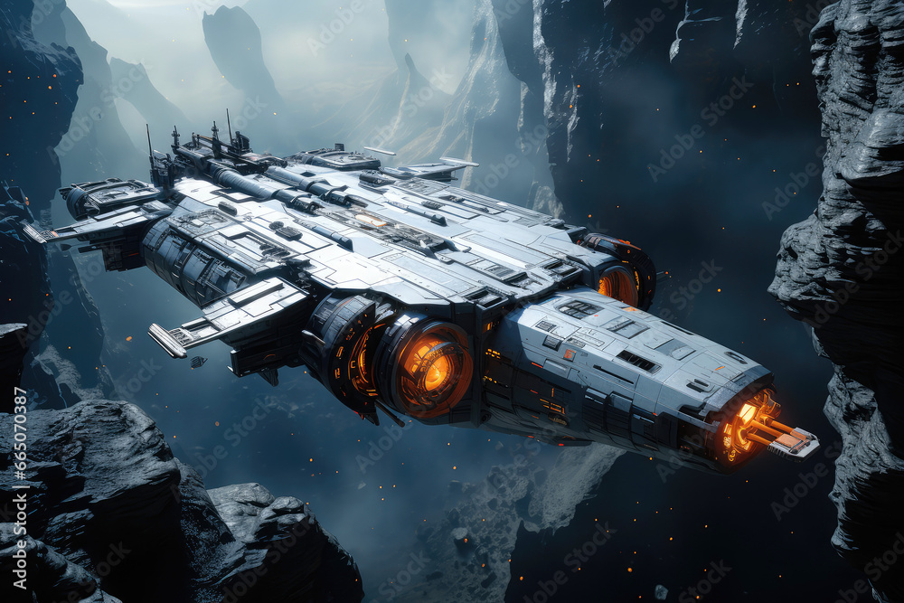 Aufkleber futuristic spaceship exploring a distant alien planet extreme closeup. generative ai