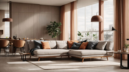 Fototapeta na wymiar Interior of modern living room with wooden walls, wooden floor, comfortable brown sofa and coffee table. 3d rendering