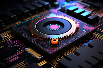 3d illustration of computer chip over black background with colorful gear wheels