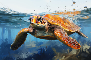 Beautiful Sea Turtle Motion in Water extreme closeup. Generative AI