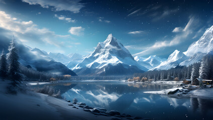 Winter Wonderland, Majestic Snow-capped Mountains and Serene Blue Lake