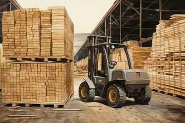 A forklift loading lumber into a kiln. Wood drying in containers. Generative AI - obrazy, fototapety, plakaty