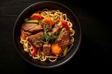 Noodles, vegetables, beef, black bowl, slate background, close up, top view. Generative AI