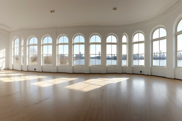 An empty room with repairs and huge panoramic windows, featuring a full seamless spherical HDRI panorama in equirectangular projection. Generative AI
