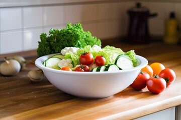 Kitchen still life with white bowl of washed vegetables on wooden desk.