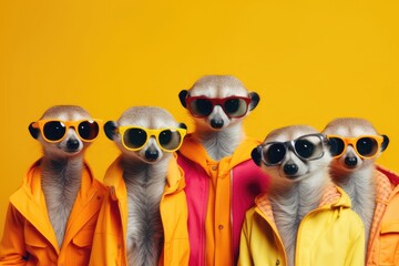 A trio of fashionable meerkats sporting stylish sunglasses - obrazy, fototapety, plakaty