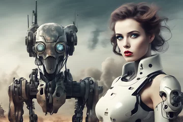 Fotobehang War Robot Cyborg woman, beautiful woman face, with gun, with nuclear war field background, nuclear bomb. AI generated © totojang1977