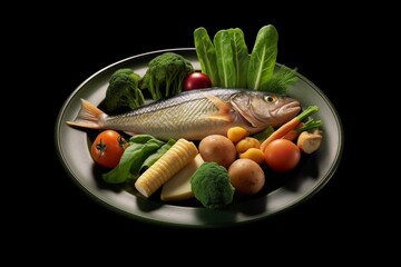 A plate of food with vegetables and fish, accompanied by potatoes. Generative AI