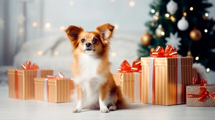 Corgi on christmas background with gifts. Ai generated