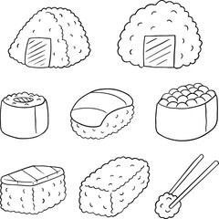 set of japanese food, Sushi, rice, toro, sashimi, nigiri, maki. illustration, line vector set