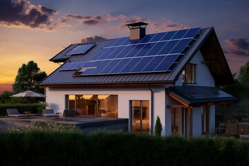 Modern house with blue solar panels on the roof. End of the day, sunset.