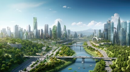 Futuristic sustainable green city, concept of city of the future based on green energy and eco industry, future city with skyscrapers and modern buildings. - Powered by Adobe