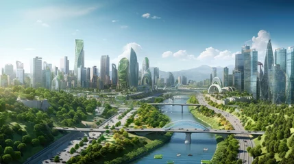 Zelfklevend Fotobehang Futuristic sustainable green city, concept of city of the future based on green energy and eco industry, future city with skyscrapers and modern buildings. © Thanaphon