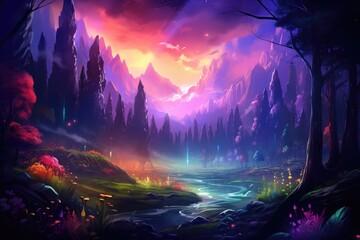 Obraz premium A vibrant and lush depiction of a dense forest landscape