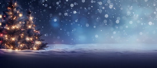 Fototapeta na wymiar Glowing Christmas tree at night as panorama background 