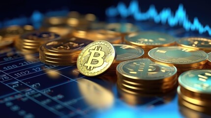 Golden bitcoin crypto currency on digital graphic background.