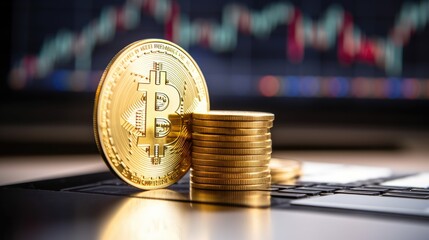 Golden bitcoin crypto currency on digital graphic background.