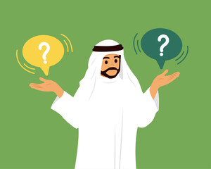 Man is thinking. Question mark. Puzzled Arab muslim Business Man Setting Priorities, Doubting, Deciding. Questioned Employee Thinking, Analysing Options. Flat vector illustration 