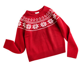 Red knitted Christmas ornated sweater isolated on white, winter holiday clothes. New year symbol....