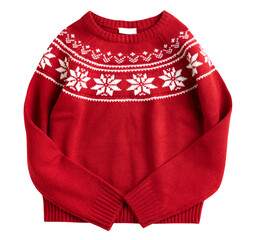 Christmas red knitted sweater isolated on white. Holiday knitwear.Traditional new year ornated...