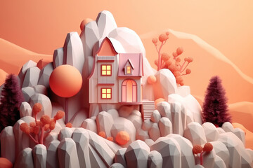 Cartoon Orange Paper House with Clouds extreme closeup. Generative AI