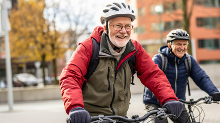 Fototapeta na wymiar Group of senior men exercise on bicycles to stay healthy and active.