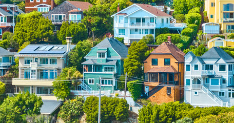 Aerial houses on a hillside close up of six multistory homes