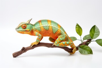 A colorful toy chameleon perches on a vibrant branch