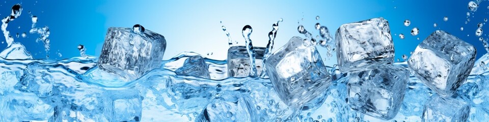 Pieces of ice and water on blue background.