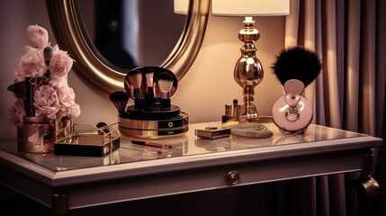 An intimate view of a stylish boudoir table adorned with makeup, hairstyling tools, and a mirror, showcasing the essence of feminine beauty rituals