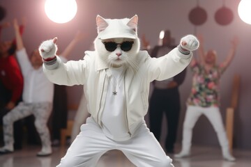 A stylish white cat donning sunglasses and a fashionable white ensemble