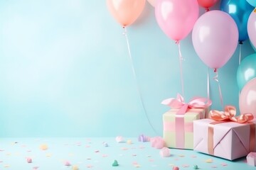 Birthday background with a balloons, gift boxes and a copy space. AI generative