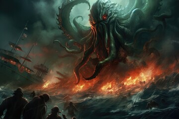 A giant octopus wreaking havoc on a helpless ship at sea - obrazy, fototapety, plakaty